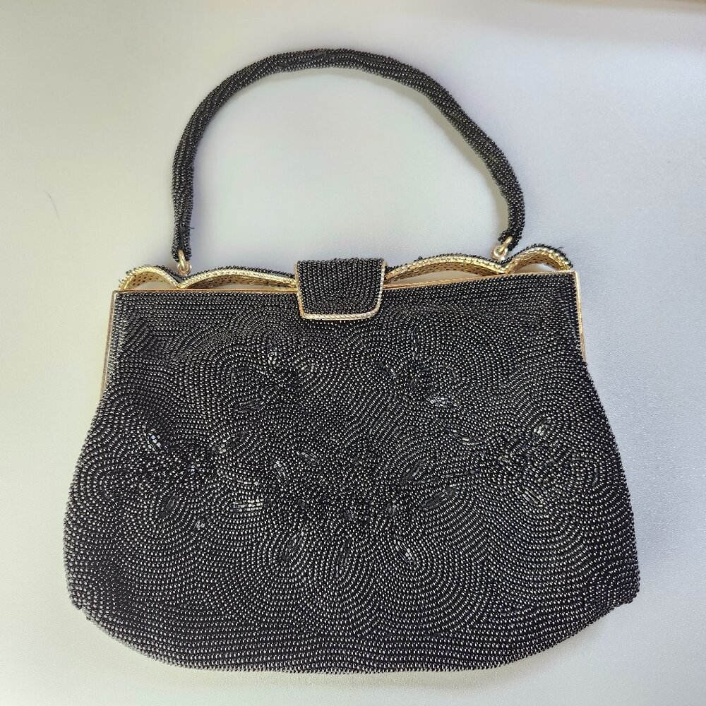 Vintage Black Seed Bead Purse - Black / Gold